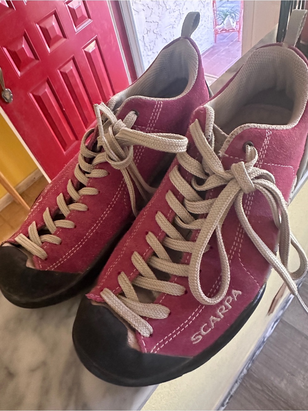 Scarpa women’s Burgundy/red and Beige Suede Lace-Up Sneakers